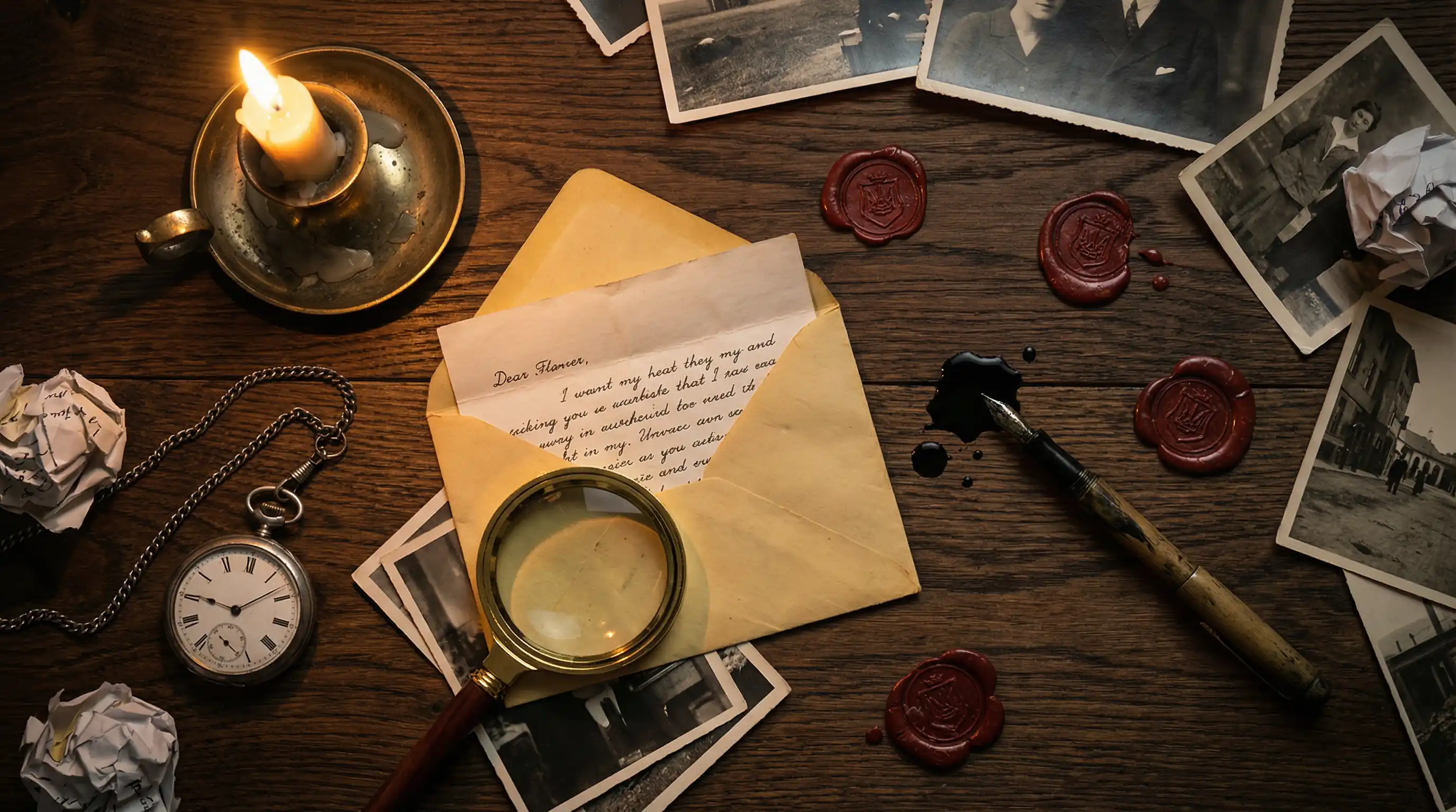 萝莉岛 侦探书桌场景 - 散落的信件与线索